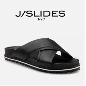 J/Slides OLIVIA Black Leather Crisscross White Stripe Slide Sandals